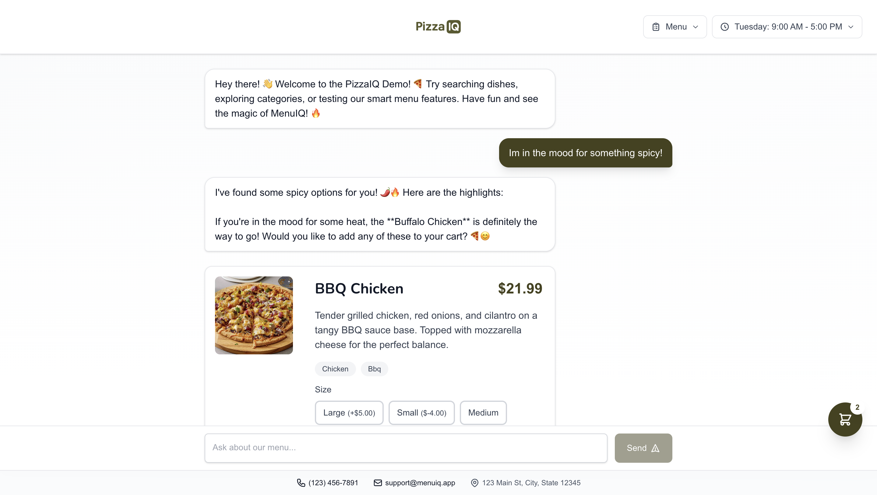 MenuIQ desktop interface showing AI-powered catalog landing page