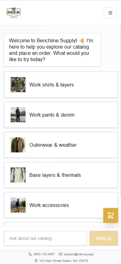 MenuIQ mobile storefront preview — Benchline Supply e‑commerce demo