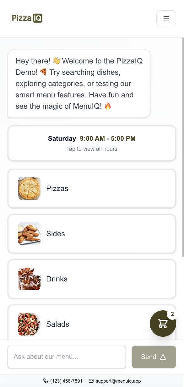 MenuIQ mobile interface showing AI-powered catalog landing page