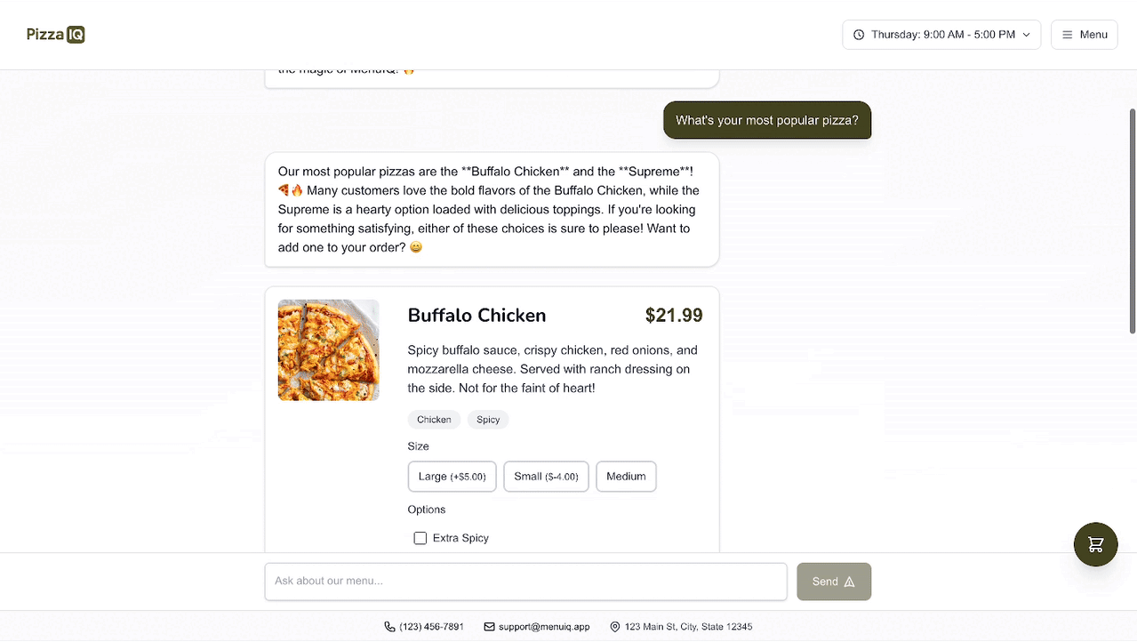 MenuIQ interactive demo showing AI-powered catalog landing page